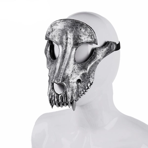 Detail of 3D antique silver sheep skull mask with rustic metallic texture for Halloween cosplay