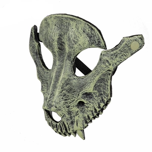 Detailed view of the 3D sheep skull mask with green and black weathered bone texture