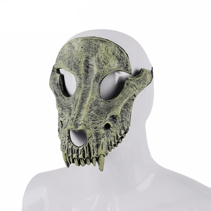 Close-up of yellow-green 3D ram skull mask with detailed bone texture and fangs
