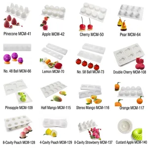 Food-grade silicone fruit mousse molds in apple lemon strawberry and cherry shapes