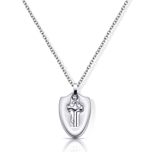 Polished stainless steel shield pendant with hollow key cutout on a fine link chain