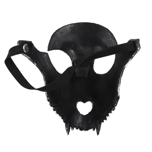 Detail view of the black 3D sheep skull mask with adjustable elastic strap and buckles