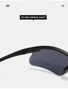 Detail of the secure mirror shaft and durable hinge design on black sports sunglasses