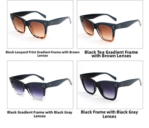 Detailed grid of oversized cat-eye sunglasses with triple metal rivet accents