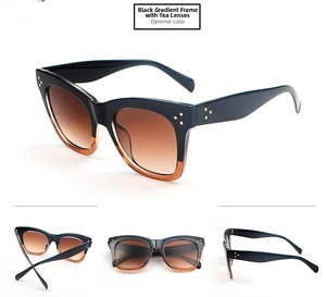 Detail view of tortoiseshell frame sunglasses with gradient lenses and golden rivets