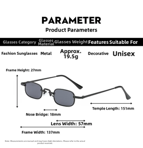 Detailed size chart for square sunglasses showing 137mm frame width and 151mm temple length