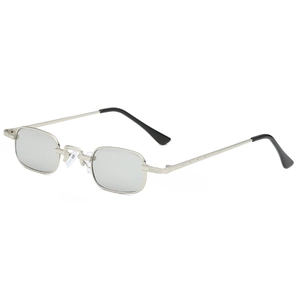 Retro small square metal sunglasses with silver frame and grey lenses for street style