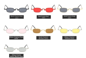 Collage of vintage narrow square metal sunglasses in seven various vibrant color options