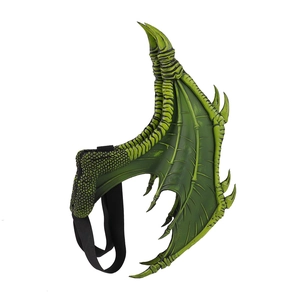 Detail of green dragon wings costume showing realistic scale texture and elastic straps
