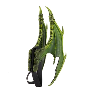 Detailed side view of green dragon wings costume accessory with realistic scale texture