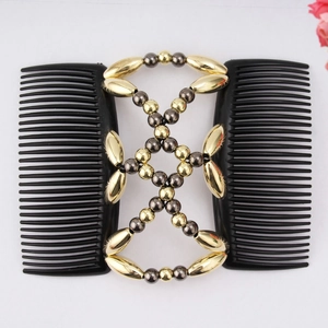 Beaded magic hair comb with gold and silver geometric beads on black double slide combs