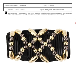 Detail of beaded magic hair comb featuring gold and bronze beads on double-row black teeth