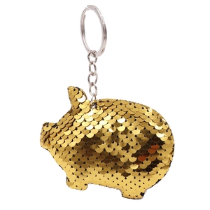 Cute golden sequin pig keychain accessory for bags or car keys with metal ring