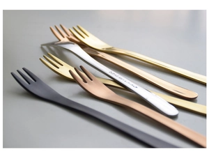 Close-up of multicolor 304 stainless steel dessert forks in leaf-inspired design