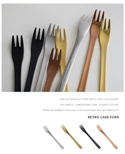 Detail of retro 304 stainless steel cake forks in black, silver, gold, and rose gold