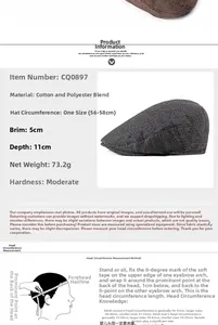 Detailed size chart for men's herringbone newsboy hat with measurement instructions