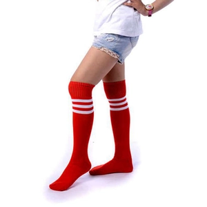 Knee-high red football socks with white stripes on cuff for adults and kids