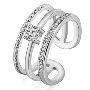 Three-layer adjustable silver ring with layered diamonds and polished finish