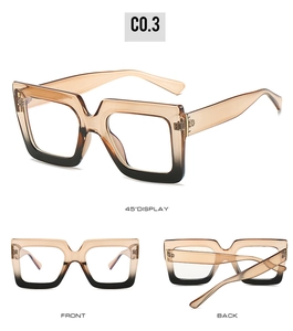 Detail view showing brown gradient square eyeglass frames from front and side angles