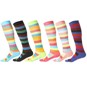 Breathable striped compression sports socks in six vibrant rainbow color combinations
