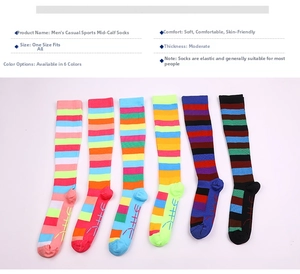 Detailed view of six colorful striped athletic crew socks for men in assorted patterns