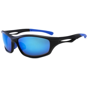 Black aerodynamic sports sunglasses with blue mirrored lenses for outdoor cycling and running