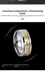 Macro shot of silver titanium steel ring featuring an inlaid gold dragon celtic pattern