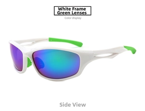 Side view of white cycling sunglasses with vibrant green-purple gradient mirror lenses