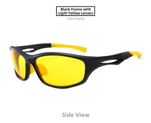 Side view of black sports sunglasses with yellow night vision lenses and non-slip pads