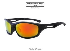 Side view of matte black sports cycling sunglasses with red mirrored lenses and side vents