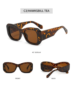 Three views of tortoiseshell sunglasses featuring thick frames and brown lenses on white base
