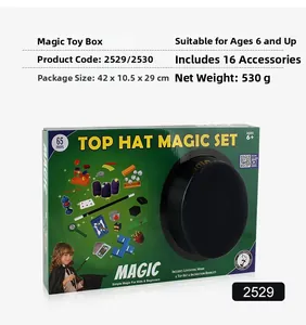 Detailed magic toy set box featuring magician hat wand and cards for kids over six