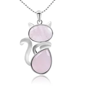 Cute Cat Animal Pendant Necklace Copper Inlaid Natural Stone Rose Quartz Amethyst Tiger Eye Ball Chain Jewelry For Women
