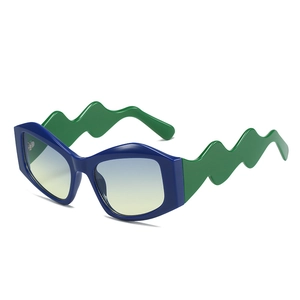 Irregular fashion sunglasses with navy blue frame and green wavy arms for women