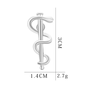 Silver snake caduceus medical brooch with 3cm height and polished mirror finish