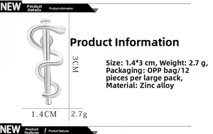 Macro view showing 1.4x3cm zinc alloy silver Caduceus medical brooch dimensions