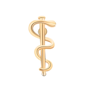 Macro shot of gold-polished Rod of Asclepius brooch detail with metallic reflection