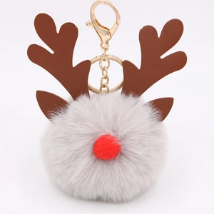 Detail of grey fluffy Christmas reindeer pom pom keychain with brown antlers and gold ring