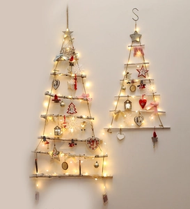 Wall-mounted DIY wooden Christmas tree with LED lights and festive ornaments for home decor