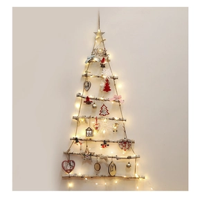 Detail of wooden triangle Christmas wall tree with LED lights and holiday ornaments