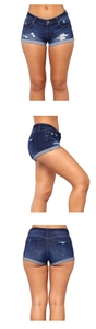 Detailansicht der Vorder-, Seiten- und Rückseite von Destroyed-Denim-Shorts mit Saum