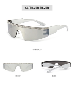 Vue détaillée des lunettes de soleil argentées sans monture avec strass et style punk