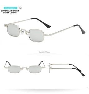 Detail view of small square silver metal frame sunglasses with silver mercury lenses