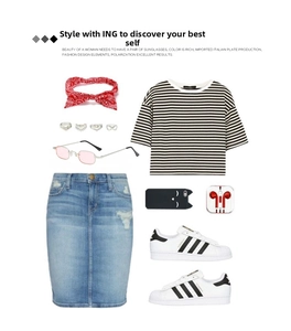 Flat lay of pink square sunglasses with striped t-shirt and denim skirt set