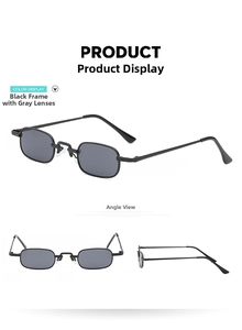 Detail view of small square sunglasses with narrow black metal frames and grey lenses