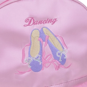 Detail of pink ballet dance bag featuring purple sequin shoes and Dancing embroidery