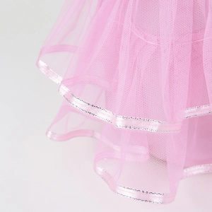 Close-up of pink layered mesh tutu skirt with silver trimmed edges and airy texture