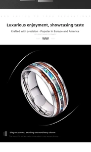 Detail of titanium steel ring featuring colorful abalone shell and natural wood inlay