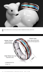 Detailed view of titanium ring with opal and wood inlay showing 8mm width and features