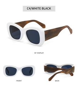 Detailed multi-angle views of white oversized sunglasses with bamboo-textured brown temples
